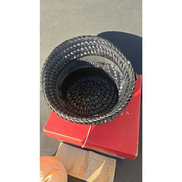 Vintage Hess Brothers Hat Cloche Fitted Womens Medium Black Straw Bow Box 60s - Picture 8 of 9